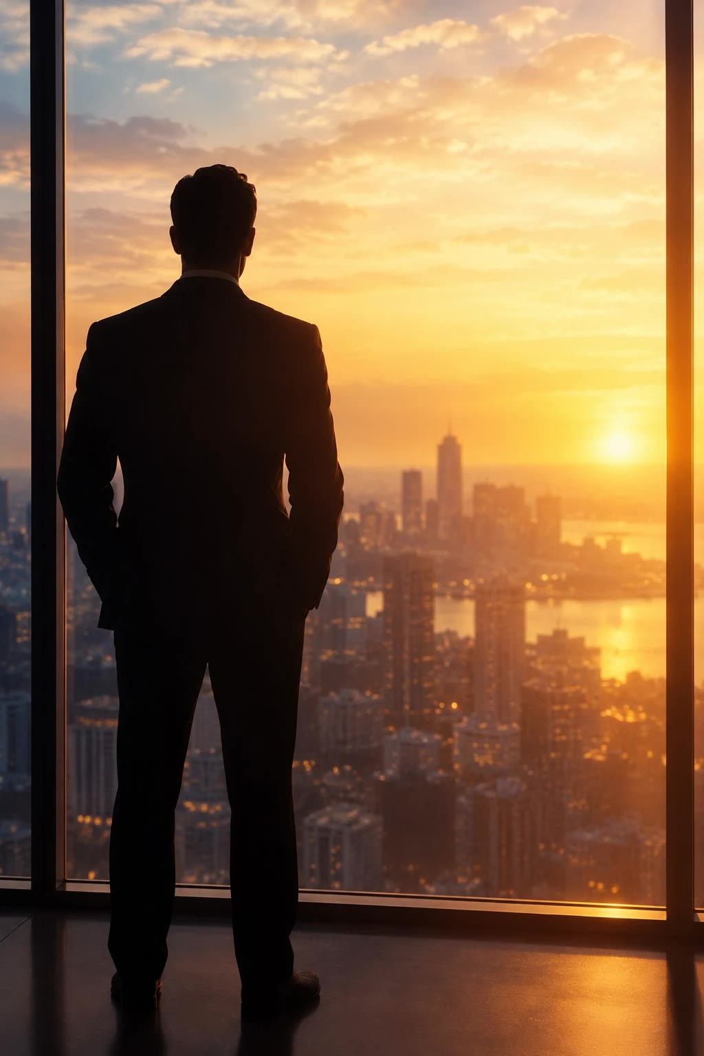 A man in a suit standing at a tall window, looking out over a city at sunset